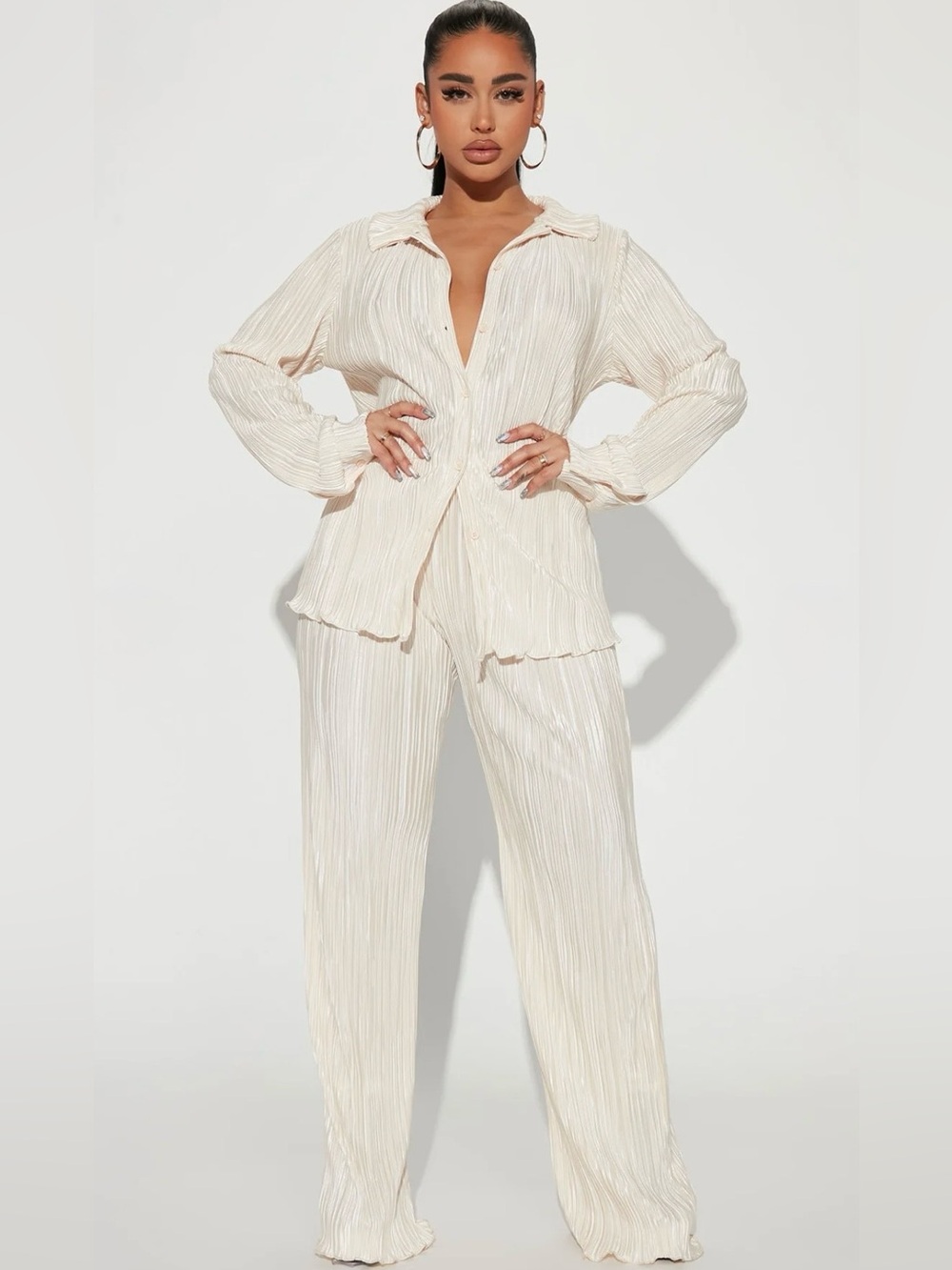 Fashion Nova Pick Me Plisse Long Sleeve Cream Wide Leg Pants Set Size L NWT